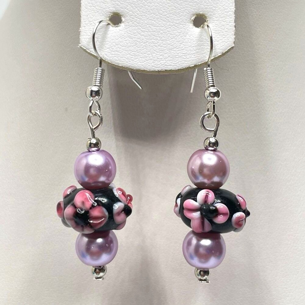 Stunning Black Pink Lilac Glass Ceramic Beaded Silver Plated Dangle Earrings